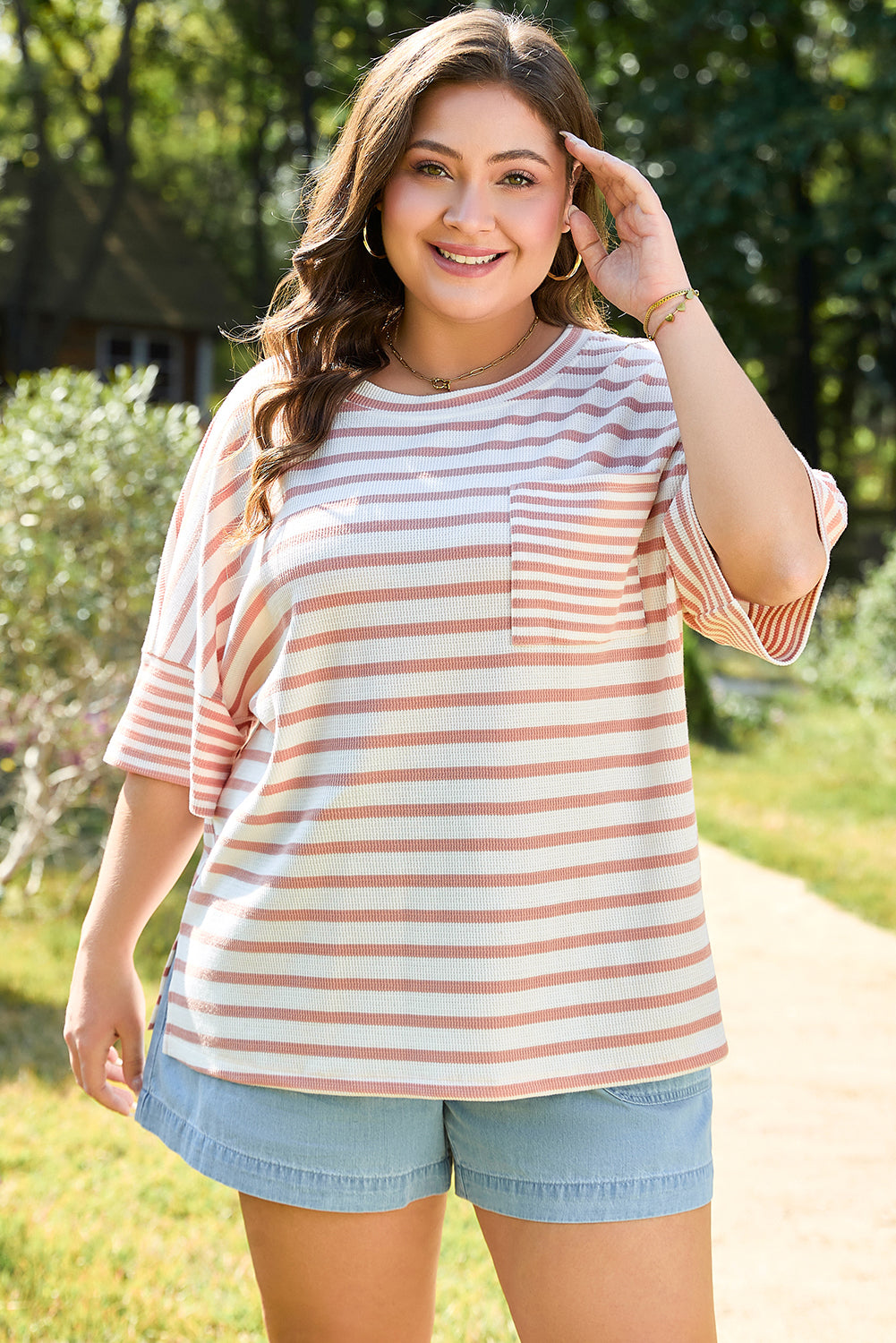 Amari Plus Size Stripe Waffle Knit Top-0