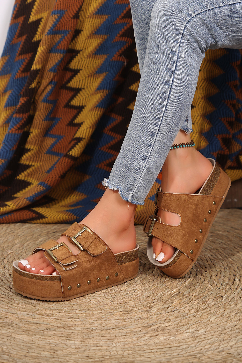 Suede Buckle Decor Footbed Sandal Slippers-3