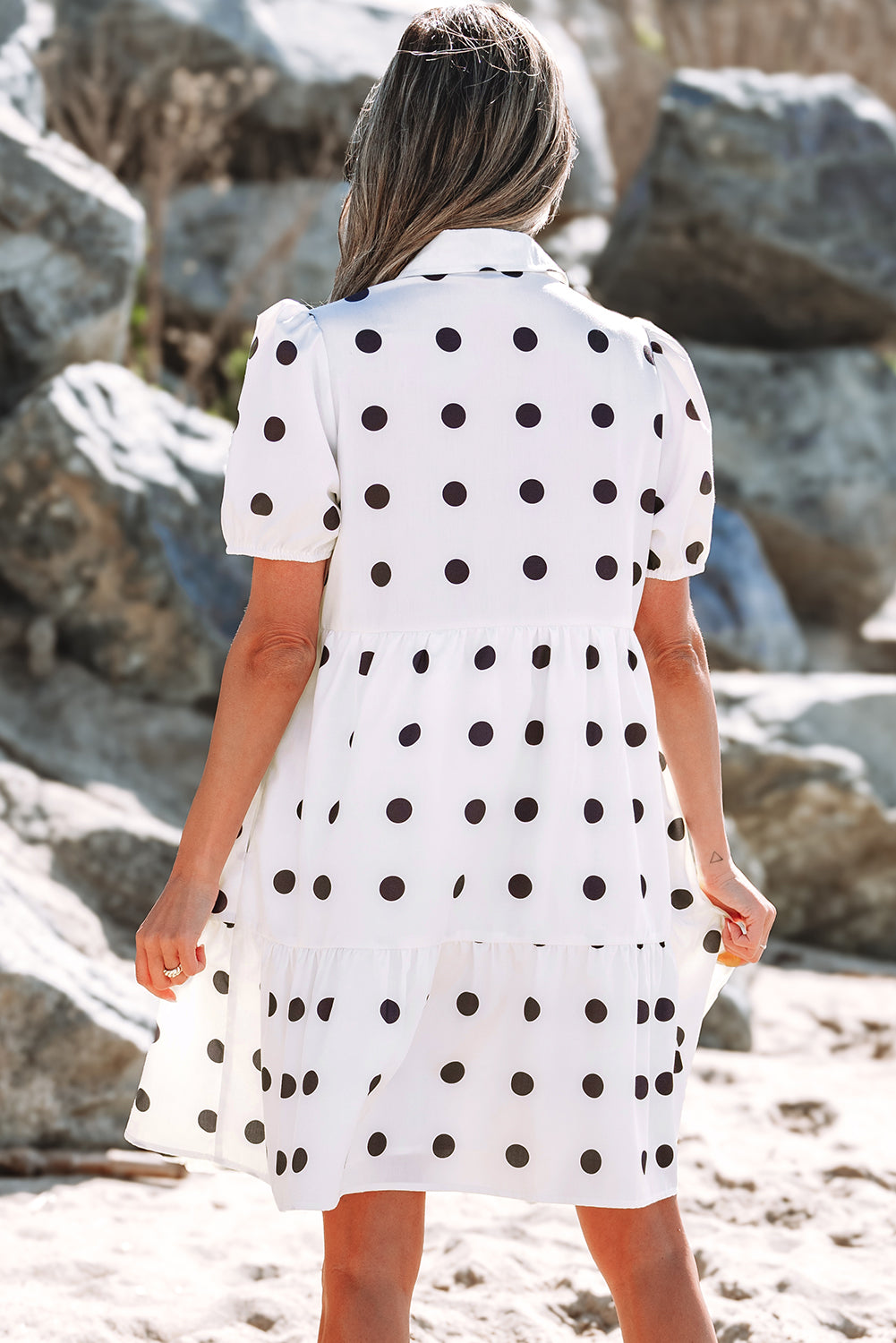 Claire Short Sleeve Buttoned Tiered Babydoll Dress-1