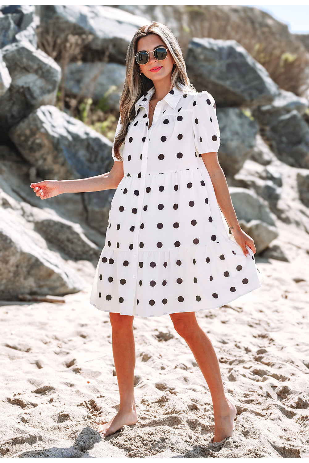 Claire Short Sleeve Buttoned Tiered Babydoll Dress-3