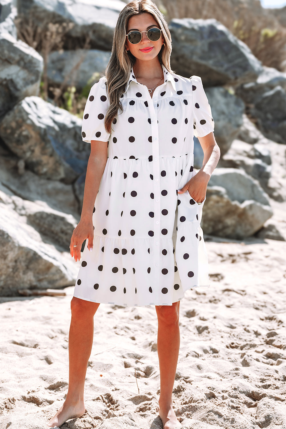 Claire Short Sleeve Buttoned Tiered Babydoll Dress-4