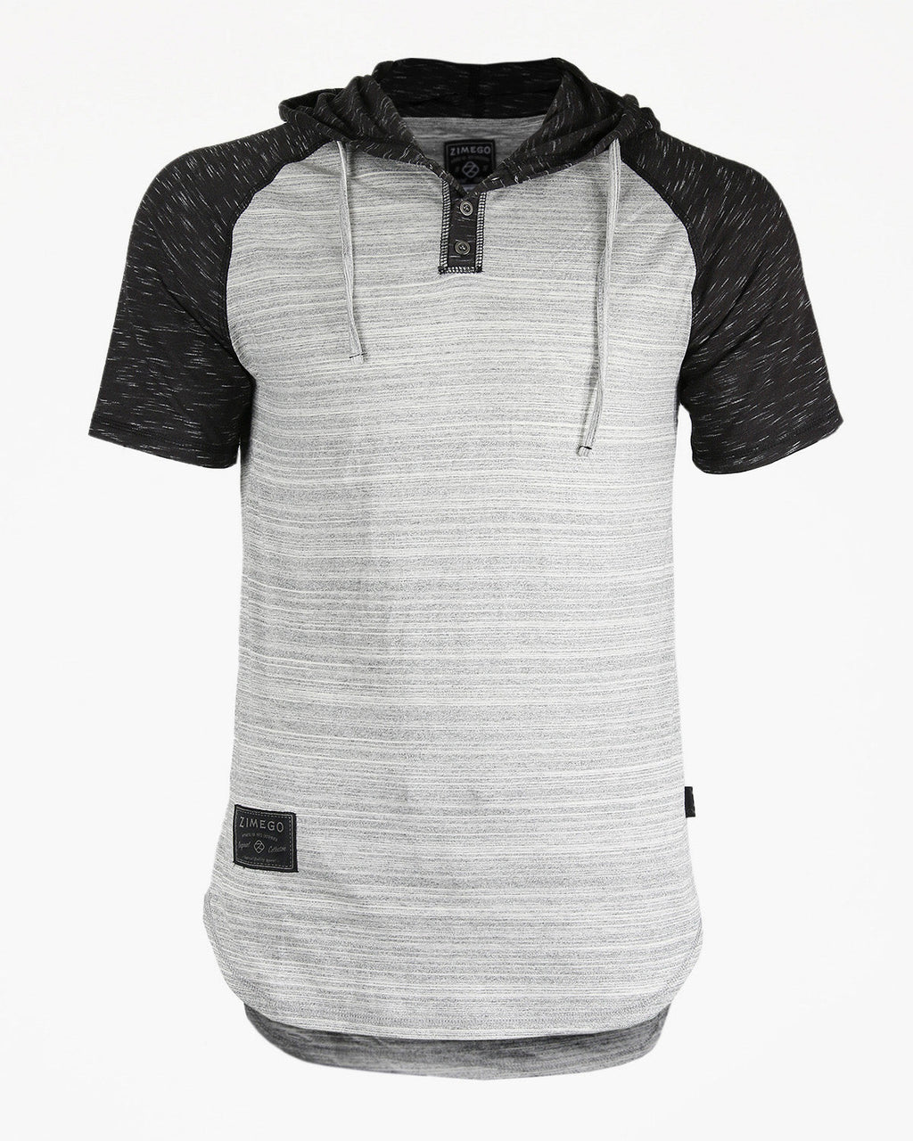 Zimego Short Sleeve Raglan Henley Hoodie Round Bottom Semi Longline T-Shirt-0