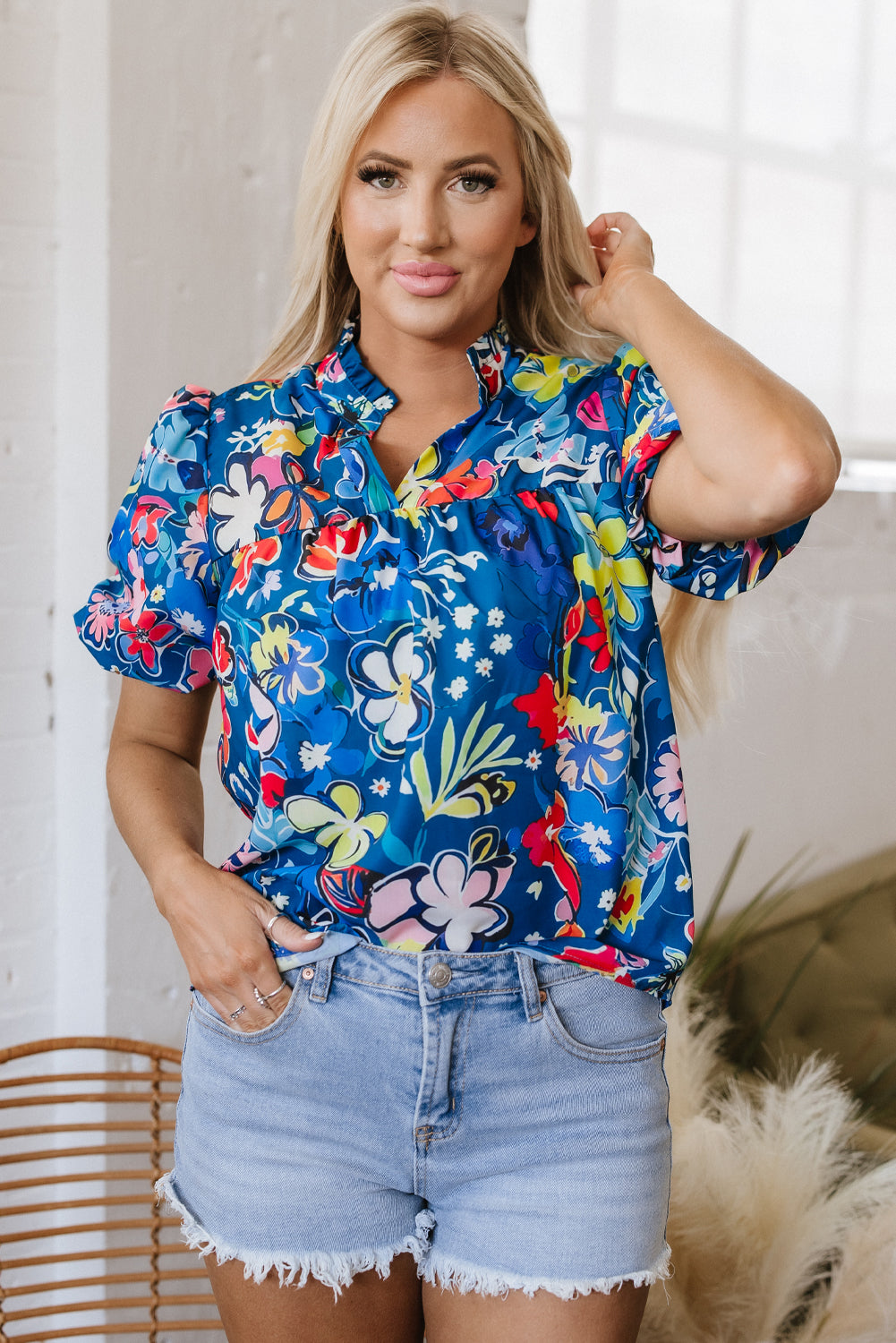 Ainara Flower Puff Short Sleeve Loose Blouse-2