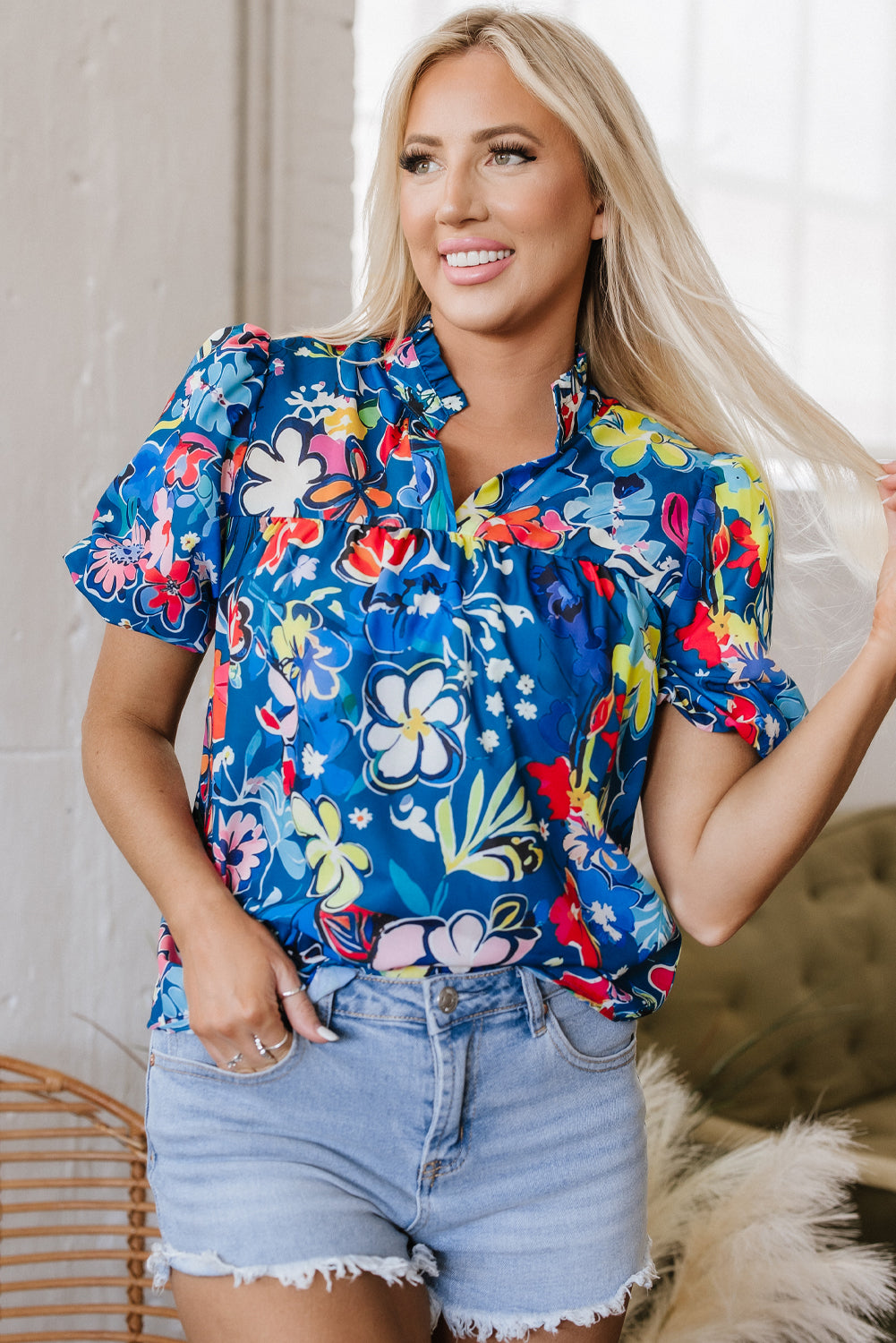 Ainara Flower Puff Short Sleeve Loose Blouse-0